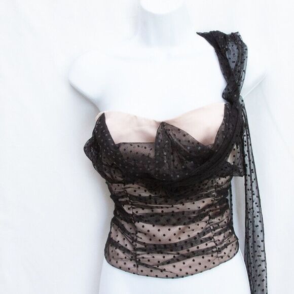 Anthropologie Pink Smocked Retro Bustier Corset One Shoulder Mesh Polka Dots L - Picture 2 of 4